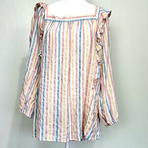 Ralph Lauren Chaps Top XL Stripe Ruffle Square Neck Boho Preppy Spring Blouse